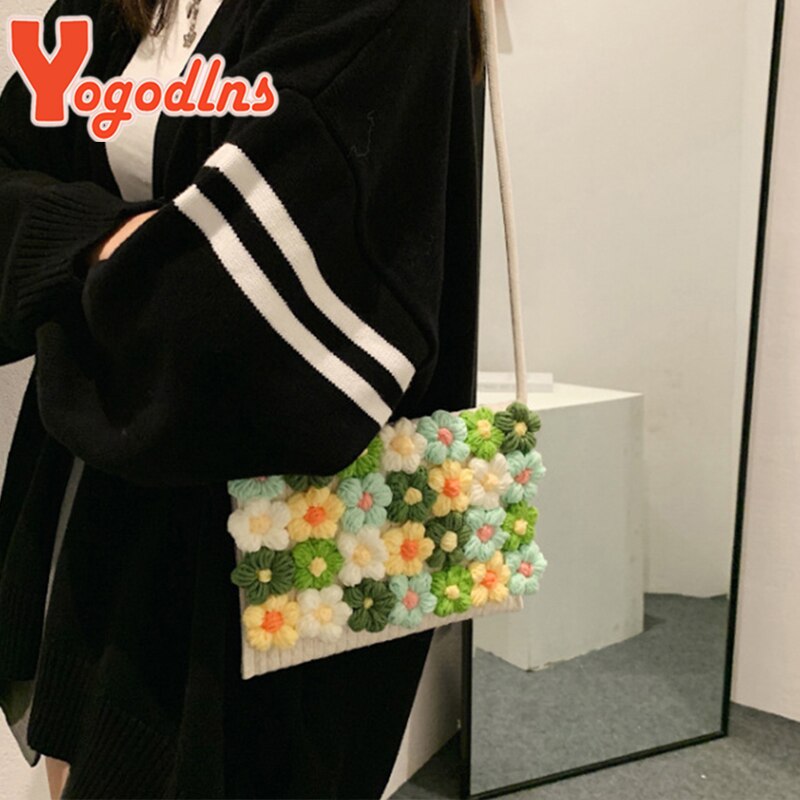 Yogodlns Mode Bloem Flap Bag Voor Vrouwen Geweven Handgemaakte Crossbody Tas Katoen Linnen Messenger Handtas Zomer Reizen Strand Tassen