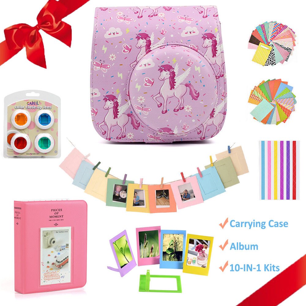 Voor Fujifilm Instax Mini 9 Mini 8 Instant Camera Schilderen/Rose Draagtas Tas Cover Pu Leather Pouch + album + 10-In-1 Kit: Pink Unicorn Set