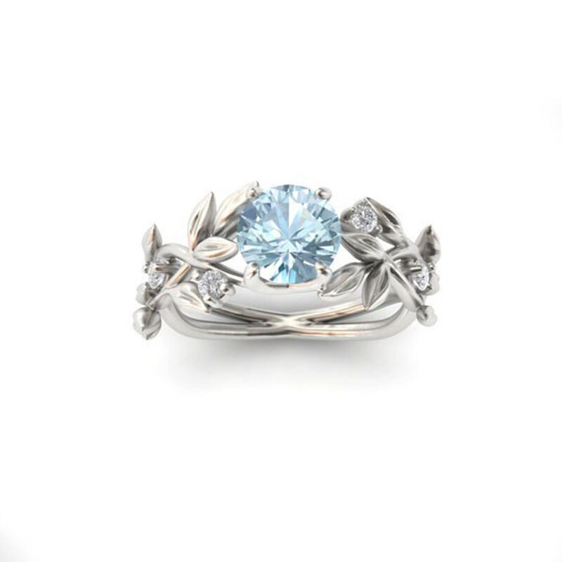 Bague branche de fleur en cristal, bleu, strass, pour femmes, filles, couleur argent, taille américaine 6 7 8 9 10 11