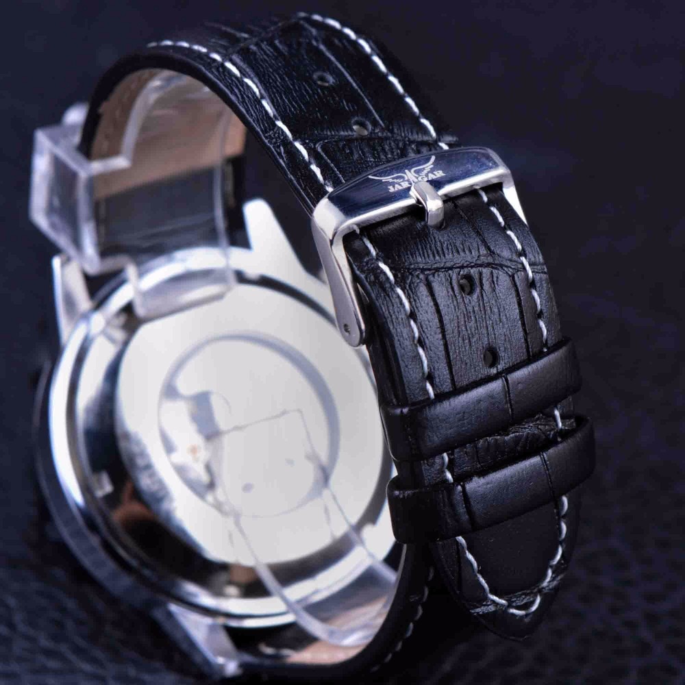 Jaragar Klassieke Automatische 6 Handen Kalender Lichtgevende Handen Zwart Lederen Band Heren Horloges Business Luxe Mechanische Mannelijke Klok