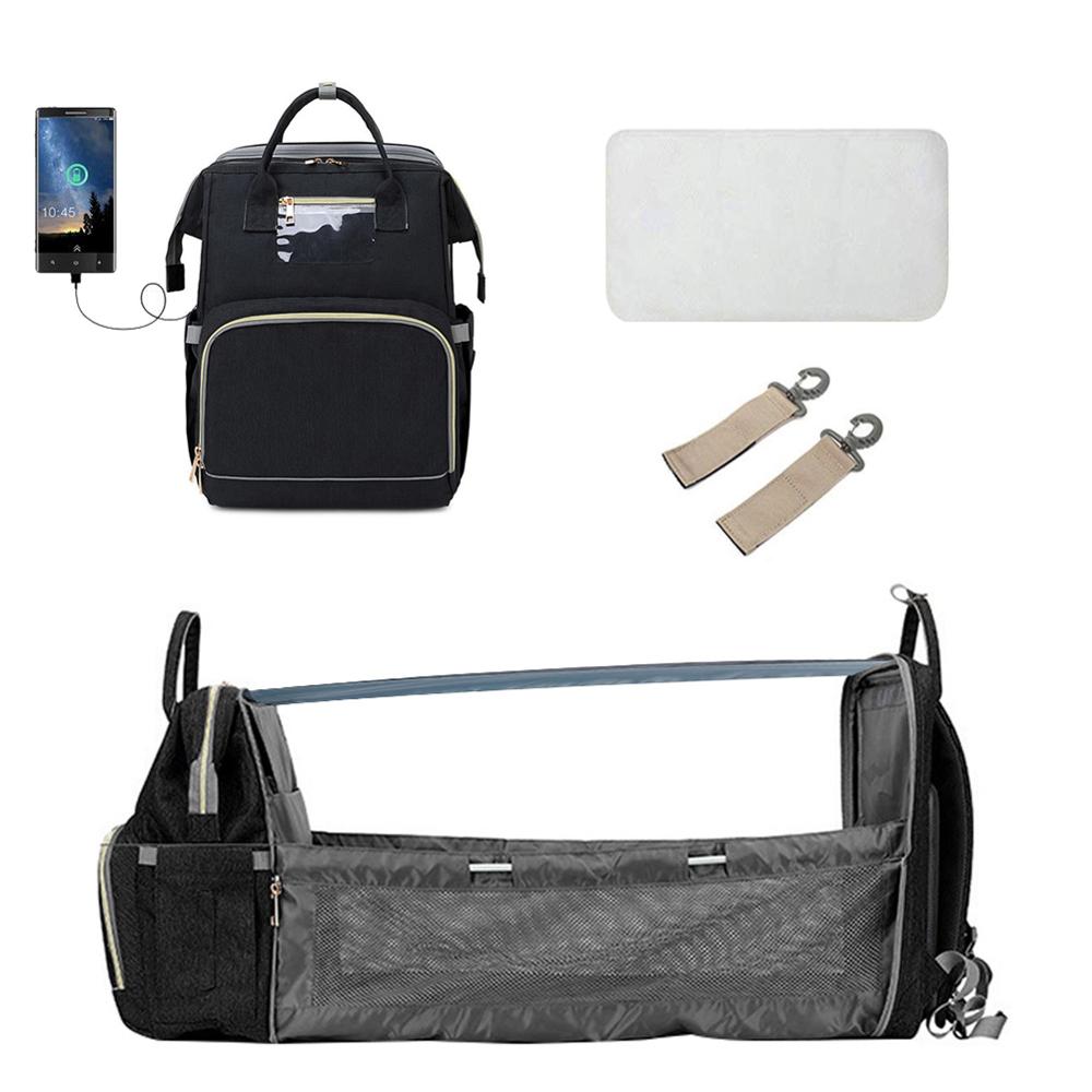 Baby Luiertas Rugzak Bed Wieg Baby Slaapzak Voor Reizen Bed Luier Pad Wandelwagen Organizer In Voorraad: Black with USB