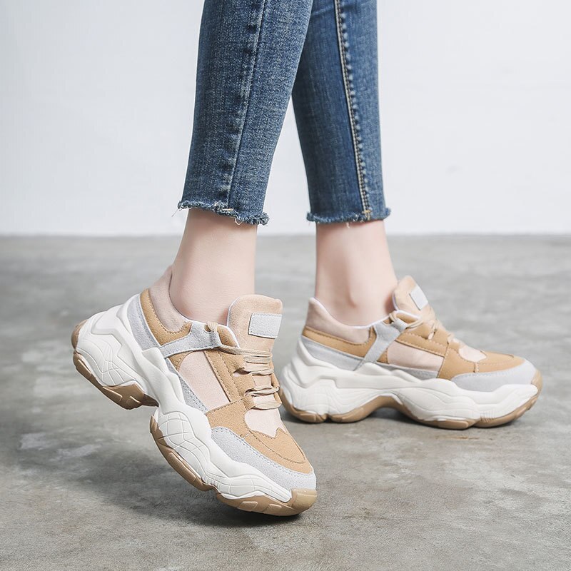 Women's Platform Sneakers - Chunky Lace-Up - Breathable Canvas Running Shoes - Akexiya