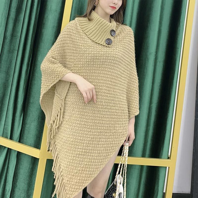 Jocoo Jolee, partes superiores nuevas de estilo coreano para mujer, abrigos de invierno sueltos y suaves informales con capa con borlas, abrigo de punto, suéter, Harajuku para mujer: Caqui