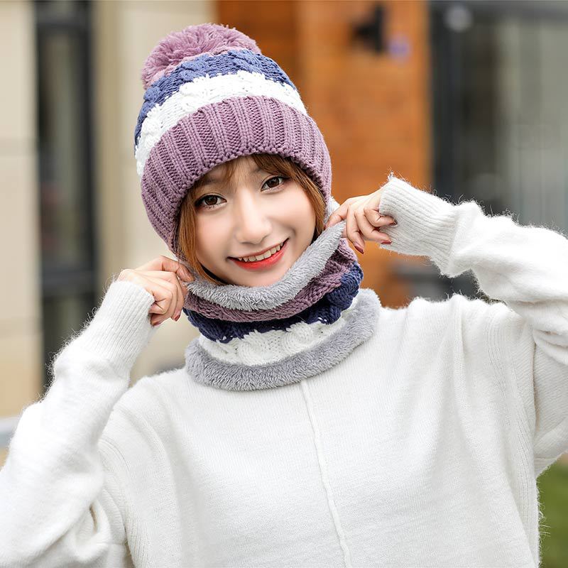 Gorro de invierno tejido, conjunto de bufanda para mujer, Gorro con pompón, conjunto de gorro y bufanda para mujer, accesorios de invierno cálidos y gruesos: purple