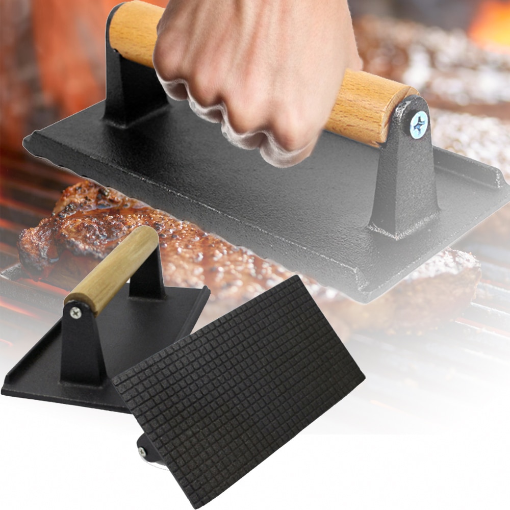 Cast Iron Bacon Press Meat Beef Grill Burger Press With Wooden Handle Weight Press BBQ Kitchen Food Grill