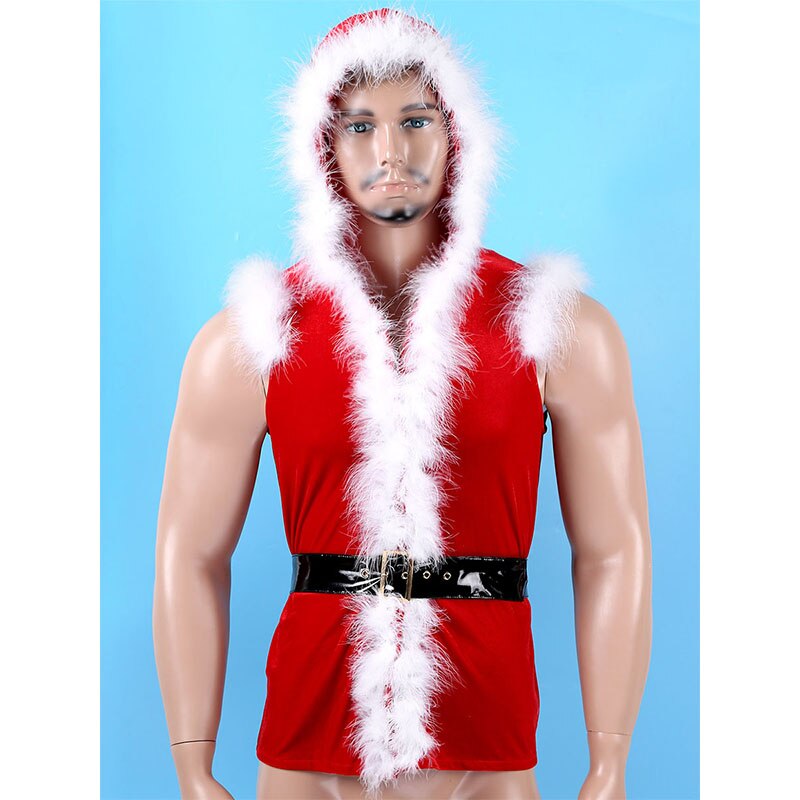 Men Red Soft Velvet Hooded Vest Waistcoat Sleeveless Faux Fur Trim Christmas Costume Party Santa Claus Cosplay Dress Up