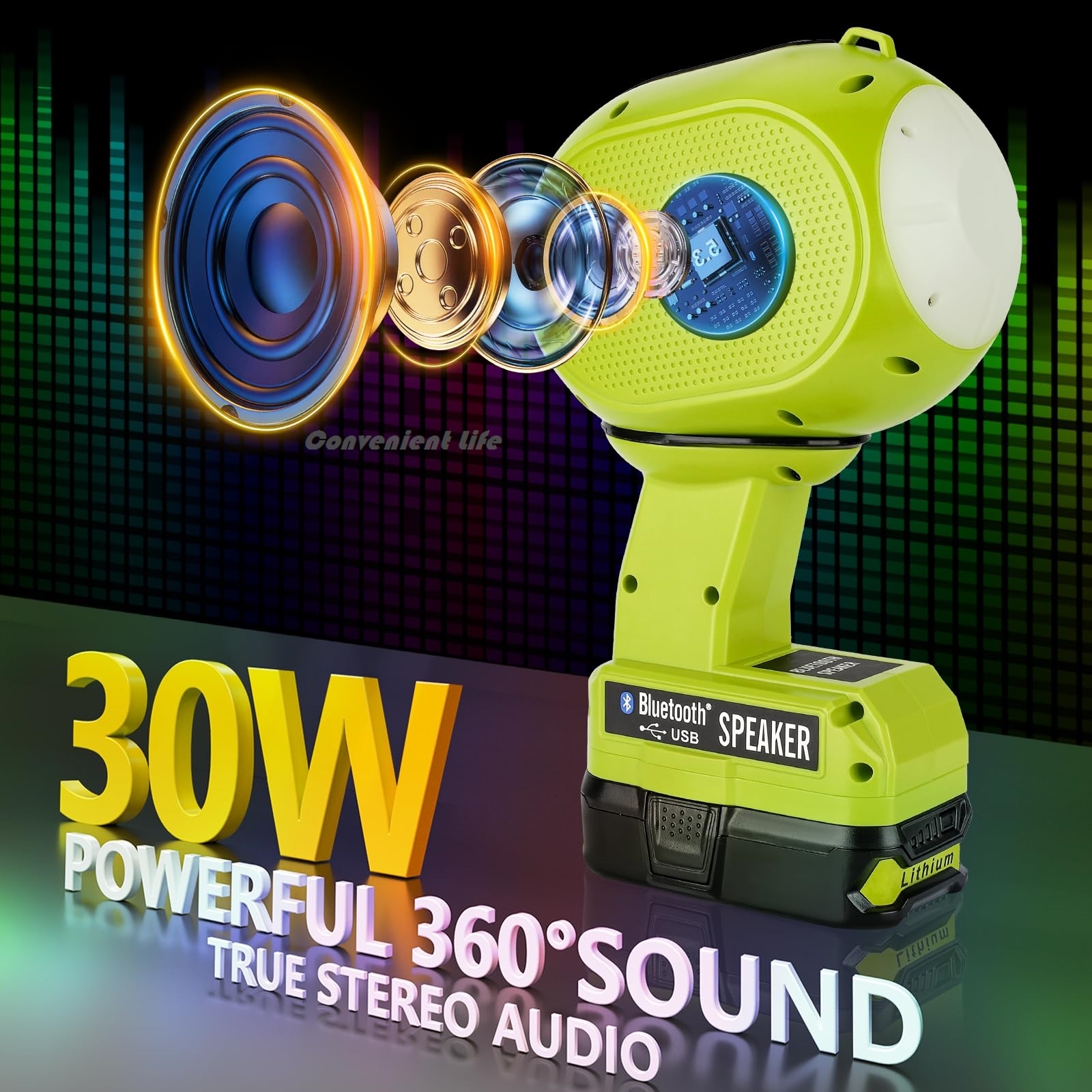 Haut-parleur Bluetooth pour la batterie Ryobi 18V haut-parleur portable avec lumière LED haut-parleurs stéréo à double jumelage USB-A / C pour la lecture de la musique de la carte Flash Drive la lecture de musique de carte TF la lecture de la musique AUX 3.5