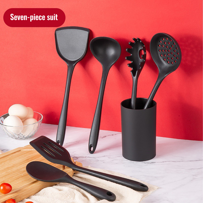 Black Silicone Kitchenware Set Utensils Cooking Tools Non-Stick Spatula Spoon Colander Baking Supplies Kinds Kitchen Tools: NJG009-7pcs