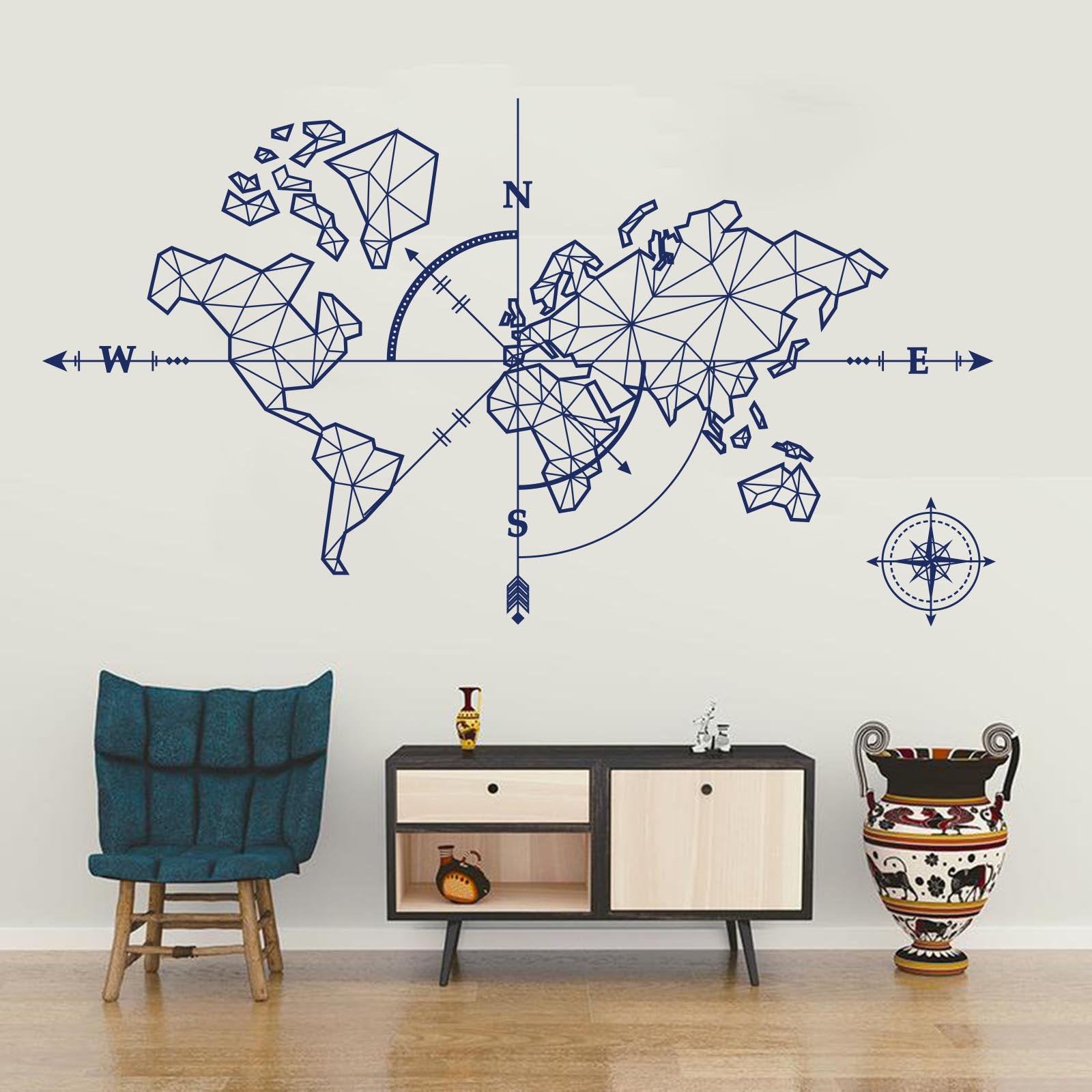 Large World Mape Compass Wall Decal Travel Adventure Exploration Global Earth Vinyl Wall Sticker Office Classroom Kids Room