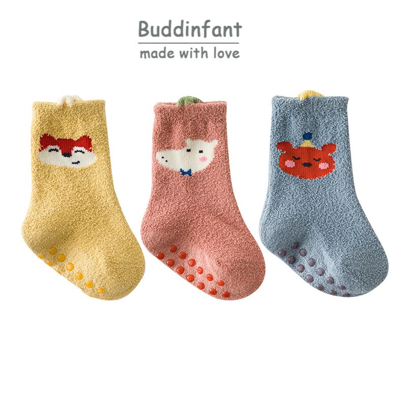 Calcetines de bebé de invierno de goma antideslizante suela calcetines 2/3 par/set dinosaurio conejo zorro Animal patrón de calcetines bebé niño niñas: S02  X 3pair / 0-1T