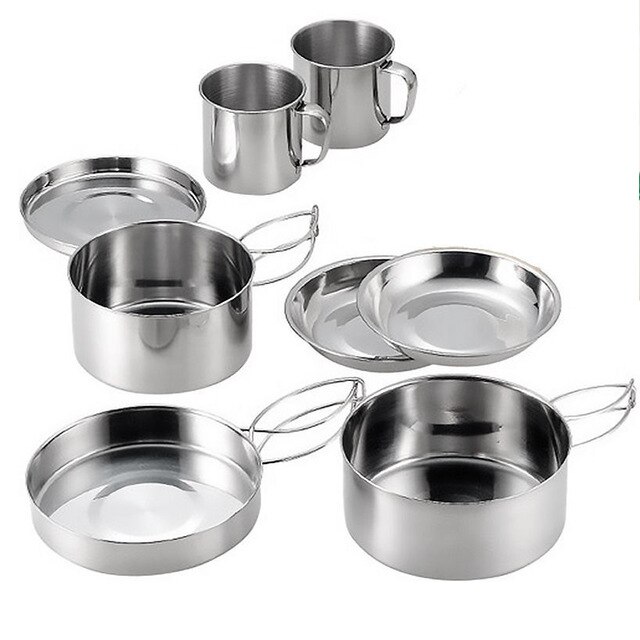 8Pcs Rvs Outdoor Picknick Pot Pan Kit Camping Wandelen Mini Kookgerei Bowl Cup Cover Koken Set Camping Apparatuur: Default Title