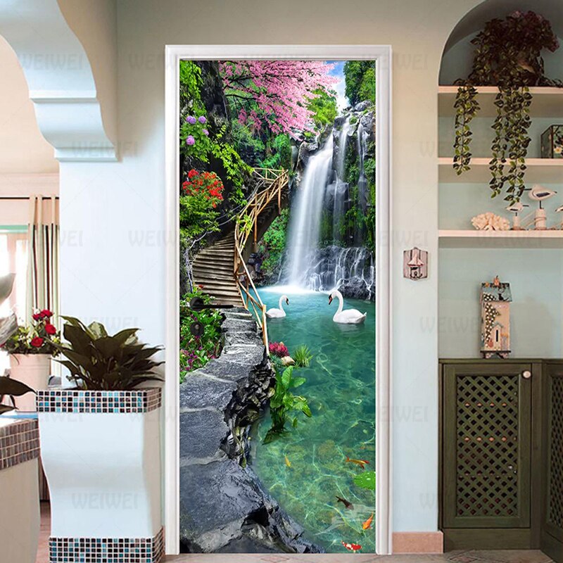 3D Nature Landscape Waterfalls Door Wall Sticker Living Room Kitchen PVC Self-Adhesive Waterproof Sticker On The Doors Wallpaper