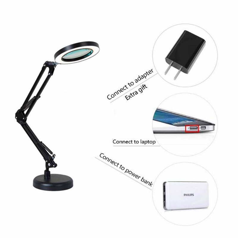 5X Vergrootglas Bureaulamp Vergrootglas Led Light Opvouwbare Leeslamp Met Drie Dimmen Modi Usb Voeding