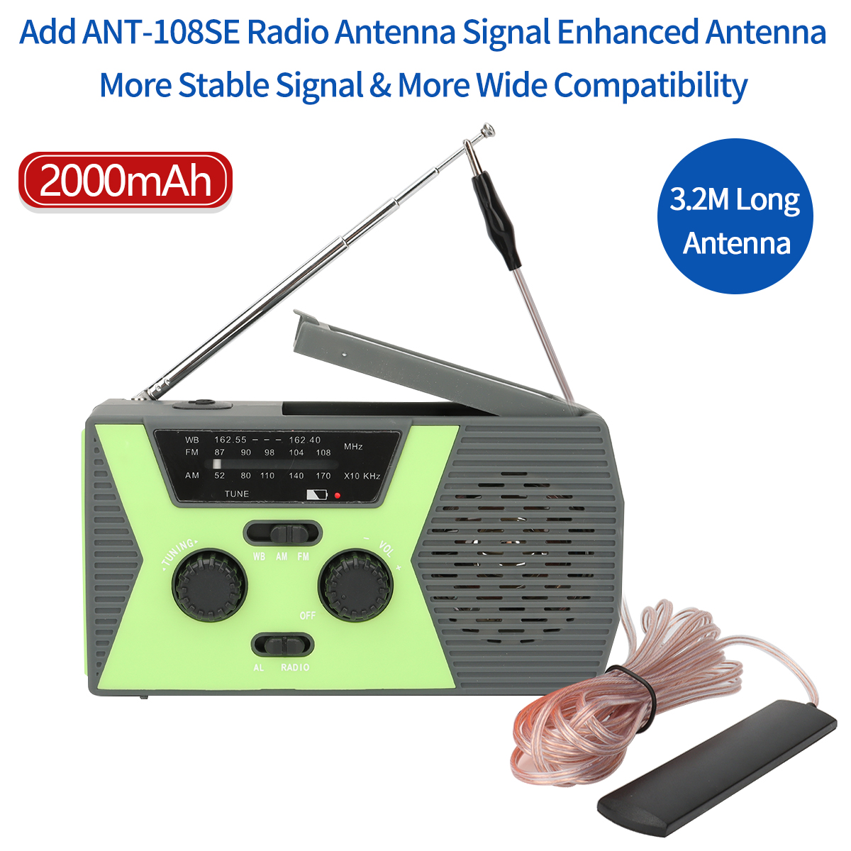 ABBREE Waterproof Multifunctional Radio Hand Crank Solar Crank Dynamo Powered AM/FM/WB Weather Radio with 2000 mAh Power Bank: green antenna
