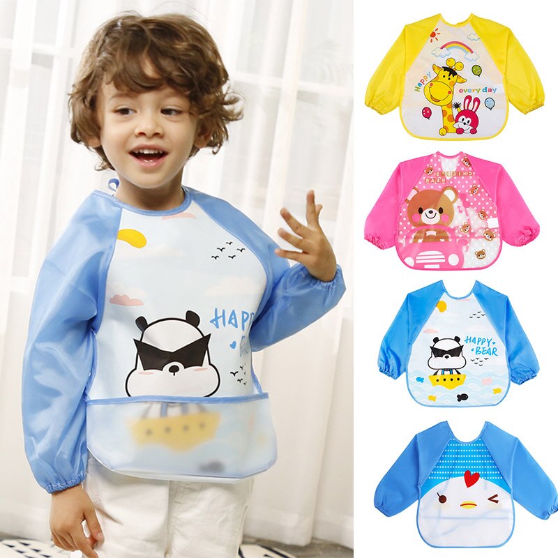 Cute Cartoon Baby Bibs Waterproof Infant Eating Bib with Pocket Children Drawing Long Sleeve Apron Kids Burp Cloth Baby Stuff