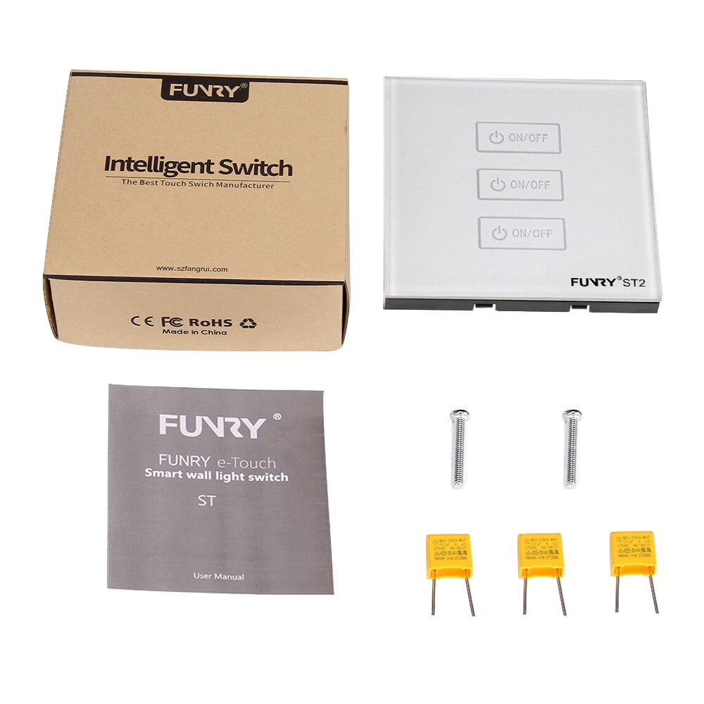 Original Funry ST2 3Gang EU Standard Touch Switch Lighting Luxury Tempered Glass Panel 170-240V 7-200W/gang 86*86*36mm