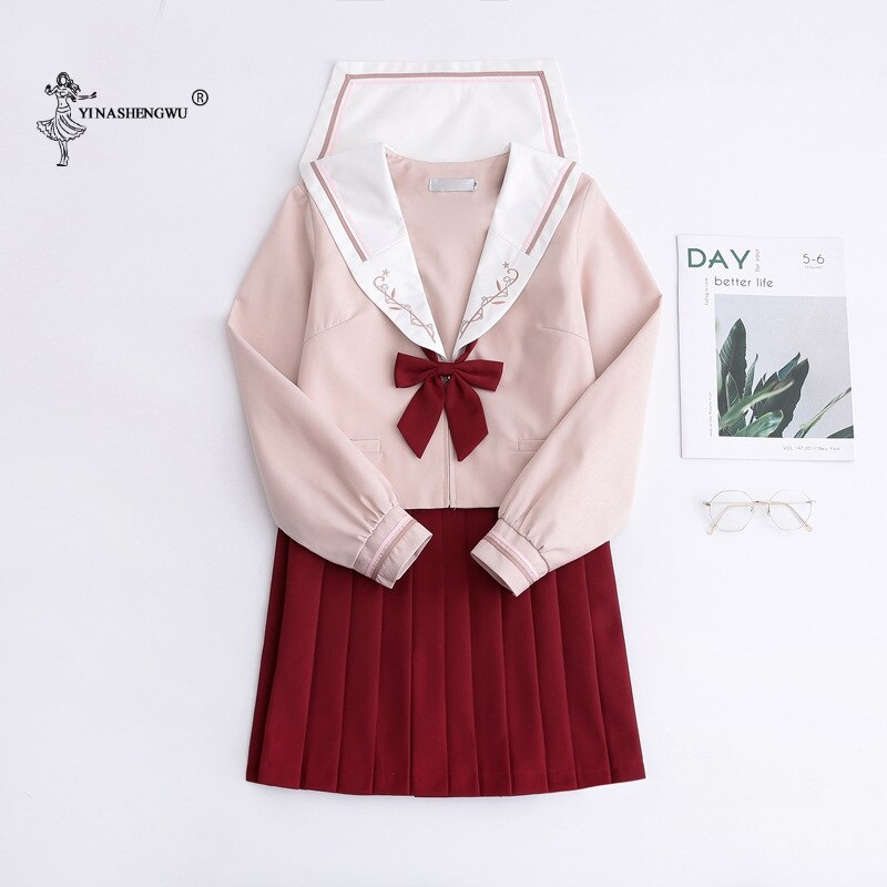 Lange Mouwen Jk Uniformen Japanse Matrozenpakje Schooluniform Cosplay Student Jk Academy Kleding Wijn Rode Rok Plooirok