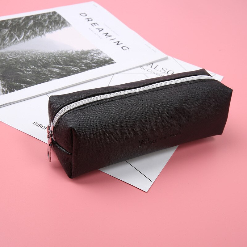 Cute Black PU Leather Pencil Case Big Capacity Zipper Pencil Box For School Pencil Bag School Supplies Tools Girl Cosmetic Bag