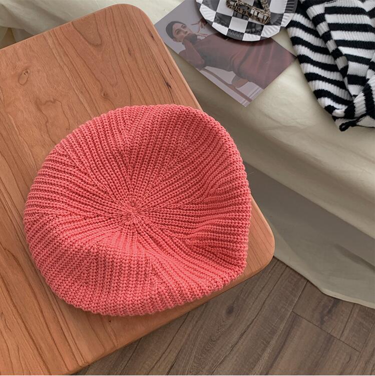 Autumn Winter Soft Knitted French Beret Women Female Solid Korean Knit Warm Berets Version Streetwear Painter Hat: Rose pink