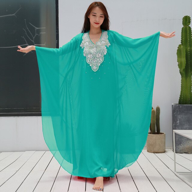 Ropa de baile para mujer ropa de danza del vientre vestido caftán con lentejuelas de gasa tradicional Khaleeji Thobe vestidos: Light blue