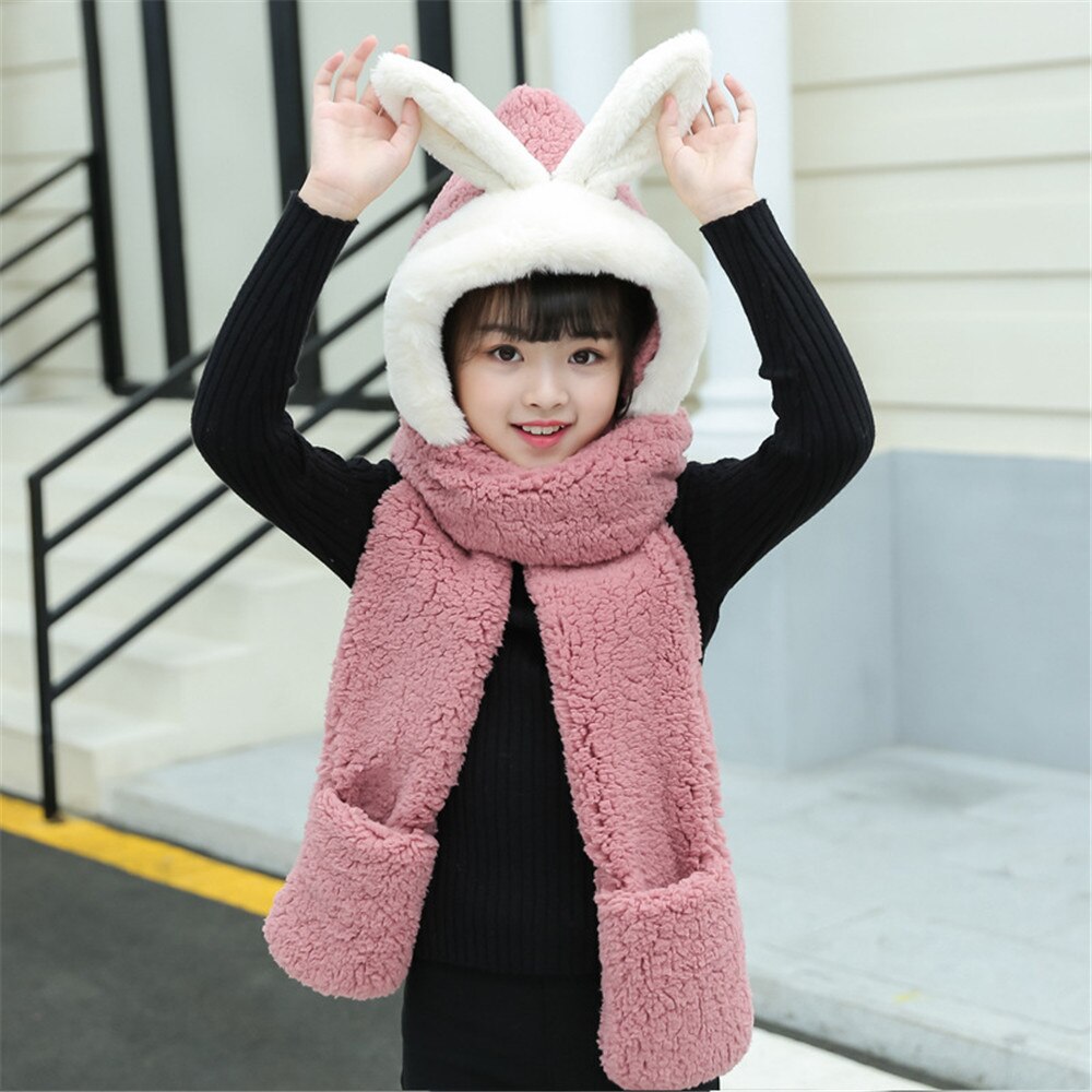 Vinter korean hat handsker tredelt tykkere varm hagesmæk baby plys kanin ører børn tørklæde: 6