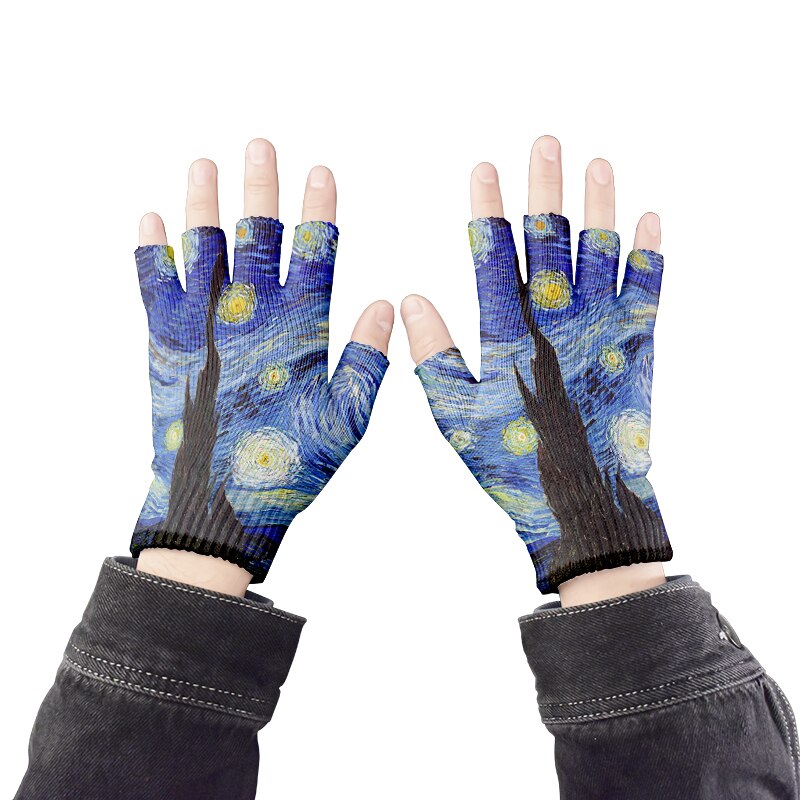 Guantes de punto de arte para adultos, guantes de medio dedo, pintura al óleo de Van Gogh, estampado, pantalla táctil, antideslizantes, guantes de muñeca