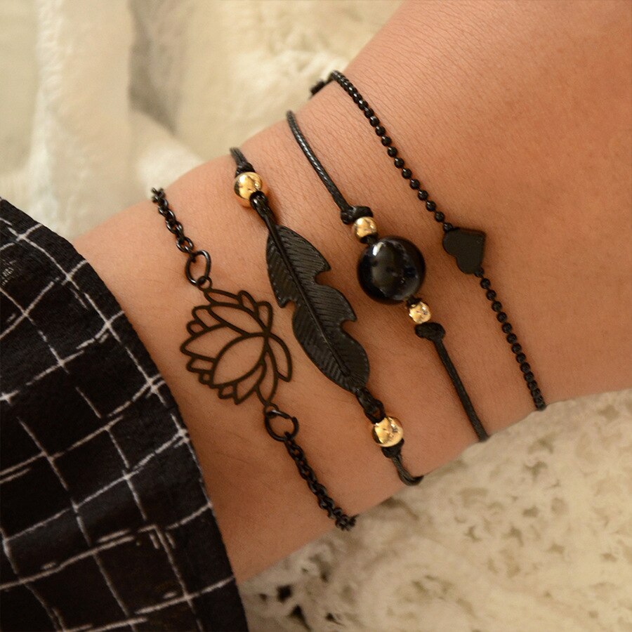 5 teile/satz Böhmen Hülse Mond Charme Armbinde einstellen Für Frauen Herz Geometrische Schwarz Perlen Kette Armreif Mädchen Schmuck: Schwarze Gewehr überzogen
