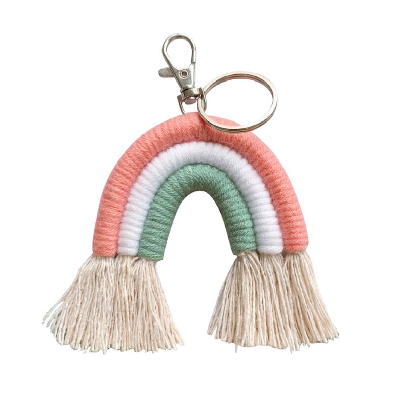 Macrame regnbue nøgleringe boho taske charms med kvaster håndvævet bomuldstilbehør til bilnøgle pung pung hængende dekoration: B