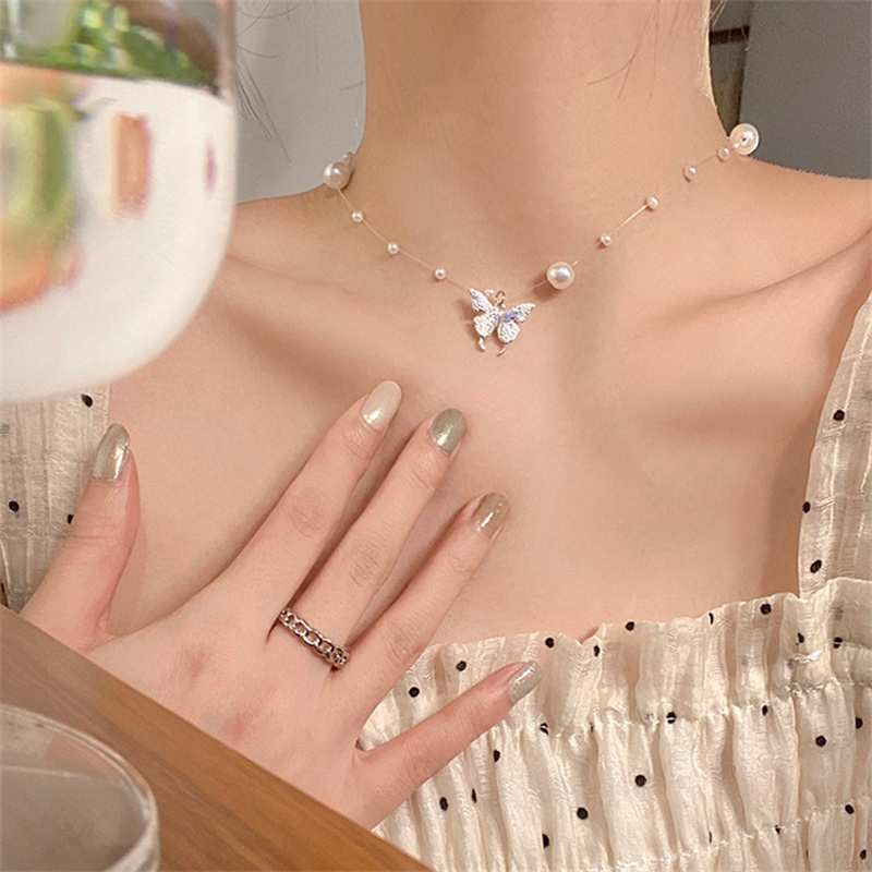 glanzende vlinderketting dames prachtige dubbellaags sleutelbeenketting sieraden voor damescadeau: Blue White Zinc Plated
