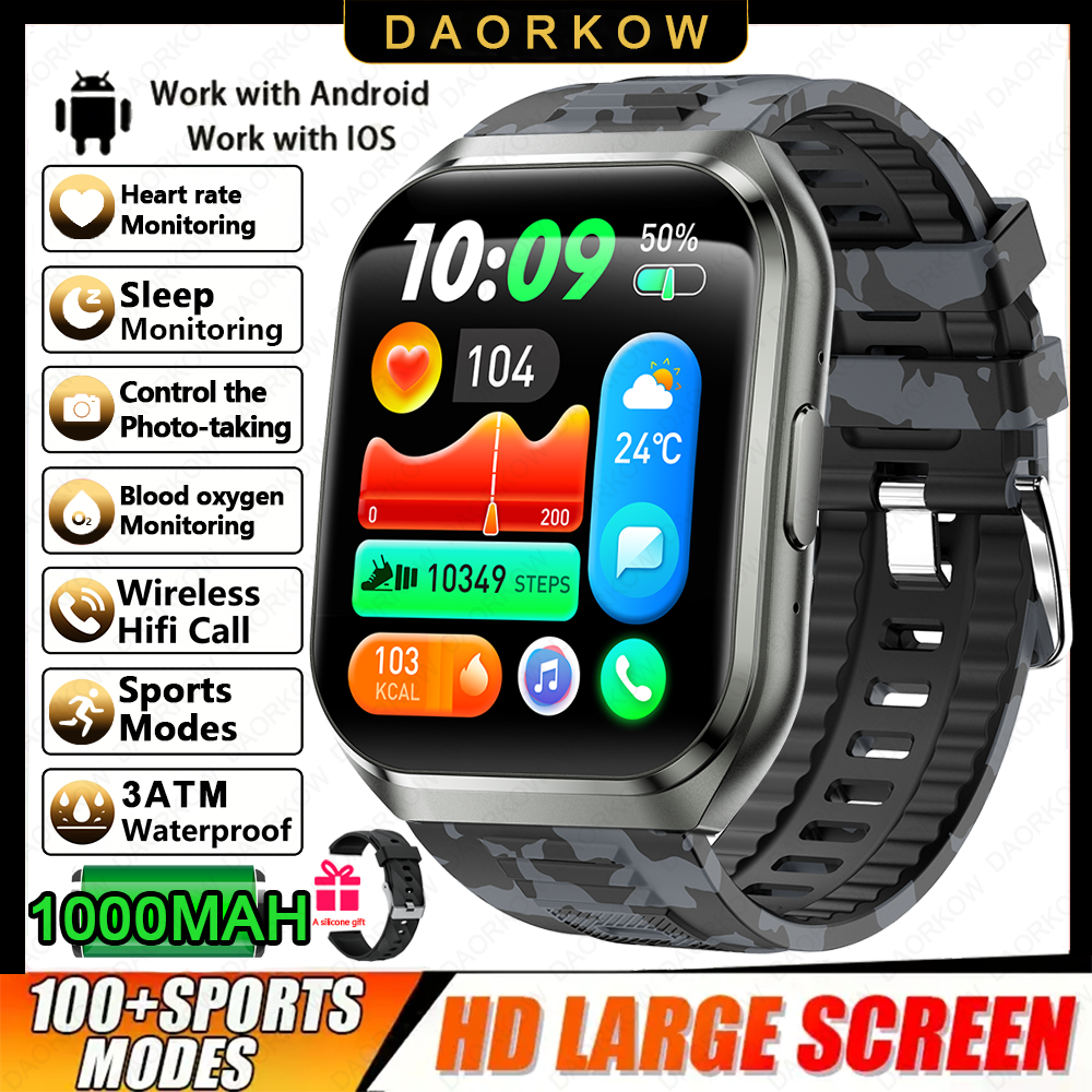 Nuovo Smart Watch Uomo 1000mAh Standby lungo Smartwatch esterno Uomo IP68 Impermeabile Frequenza cardiaca Sport BT Chiamata Batteria grande Orologio intelligente: Giallo