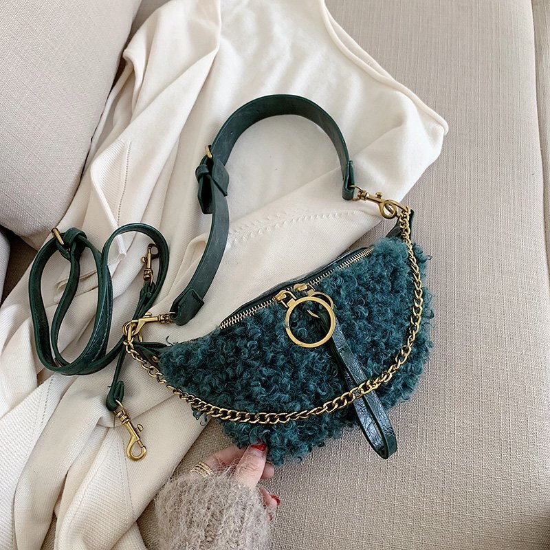 Bolso cruzado con cadena Vintage para mujer, bandolera de lana rizada de PU, con correas anchas para el día,: Green