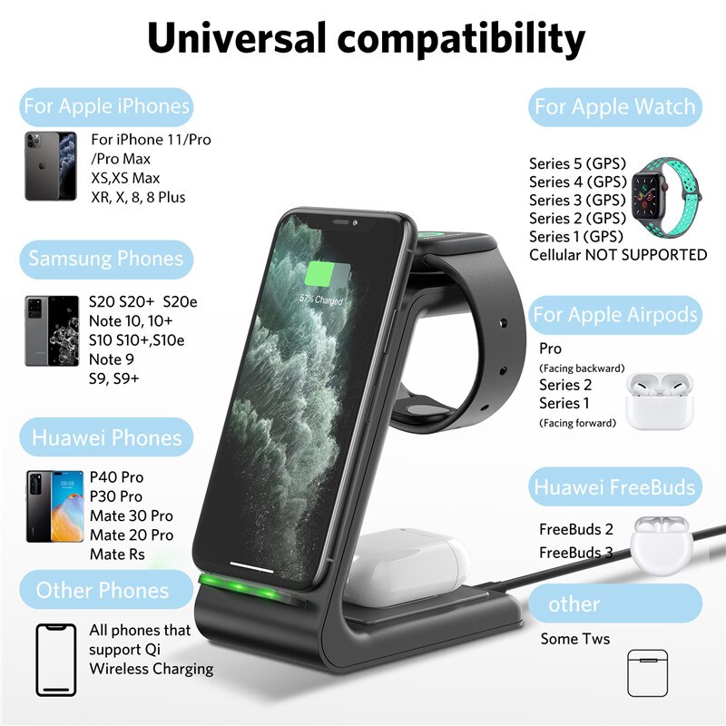 USLION 3 in1 qi Wireless Charger For iPhone 8 plus X 11 Xs AirPods For Apple Watch Wireless Charging Stand for iWatch smartwatch