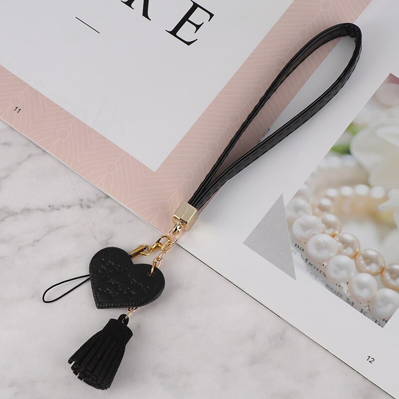 Love Heart Tassel Hand Wrist Lanyard Strap String for Phones for iPhone 7 8 X 6 for Xiaomi Camera USB Flash Drives Keychains: Black