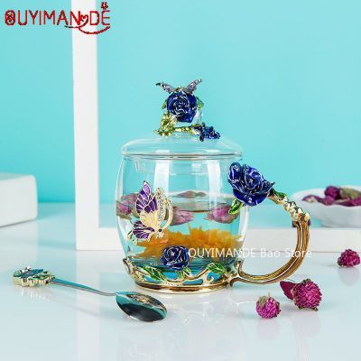 Bleu belle papillon émail tasse à café fleur thé verre tasses boisson chaude et froide thé tasse cuillère ensemble parfait de mariage: F
