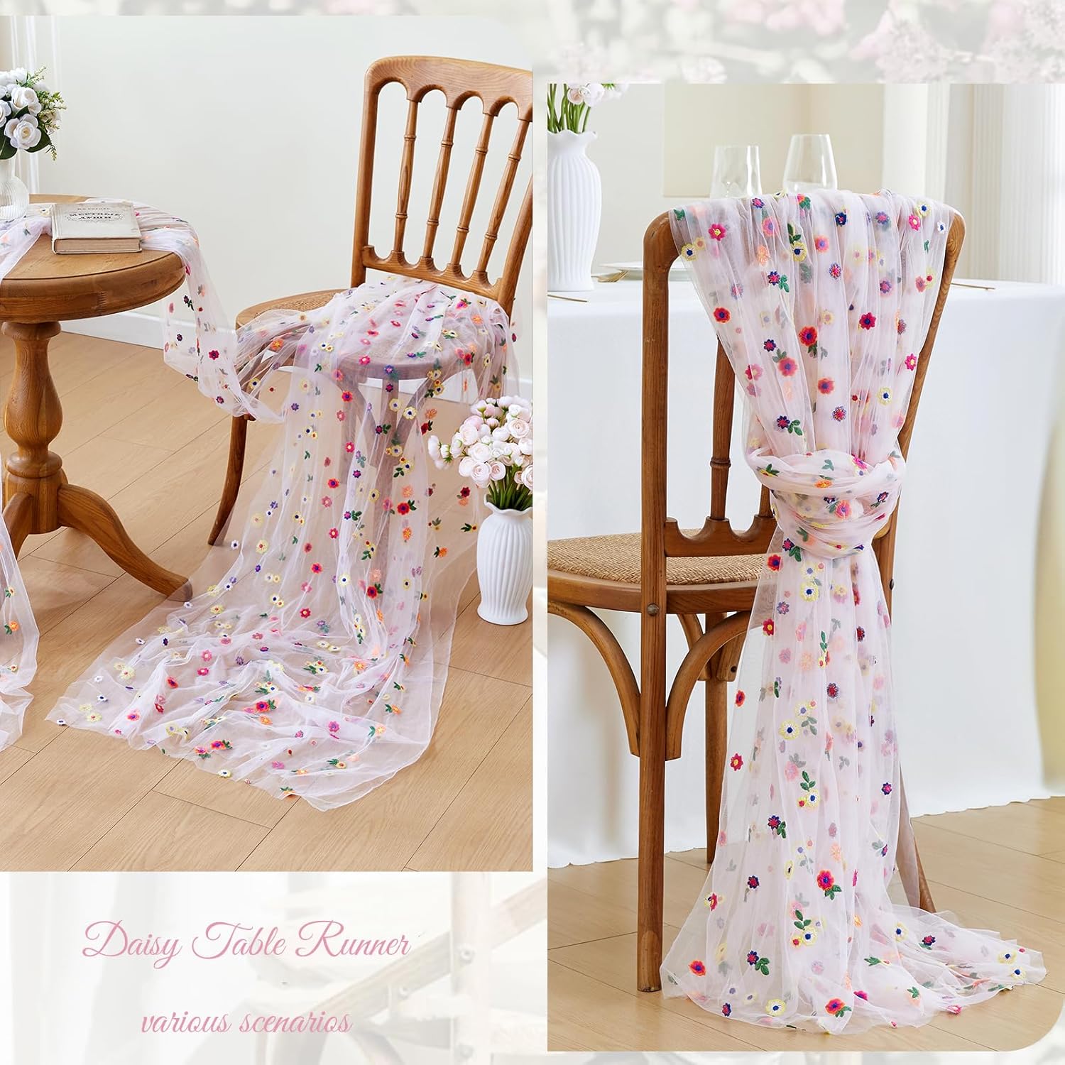 Broderi prästkrage sommar bordslöpare gasväv vårblommor blomma tyll födelsedag bröllopsfest hem matbordsdekor