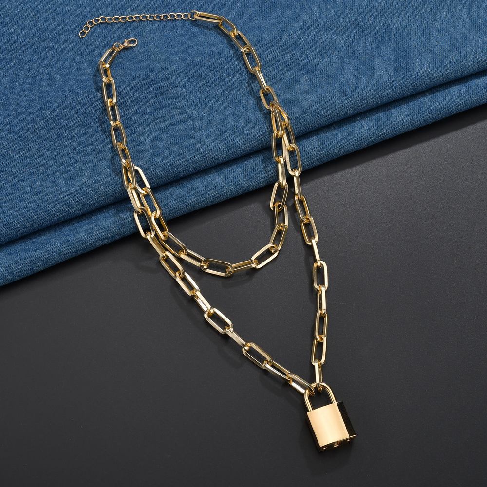 Dobbeltlag store link kæde halskæde guld sølv farve hængelås vedhæng halskæder til kvinder luksus smykker: Guld