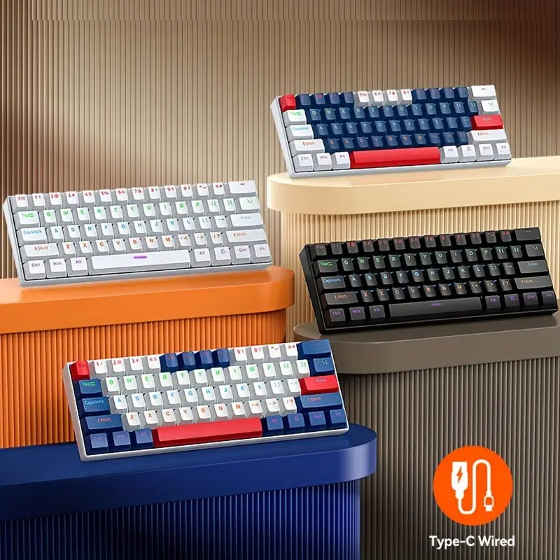 [USB-C Wired Mechanical Keyboard] 61-Key Mechanical Keyboard, Dual-Tone Injection Keycaps, -Swappable, USB-C Wired