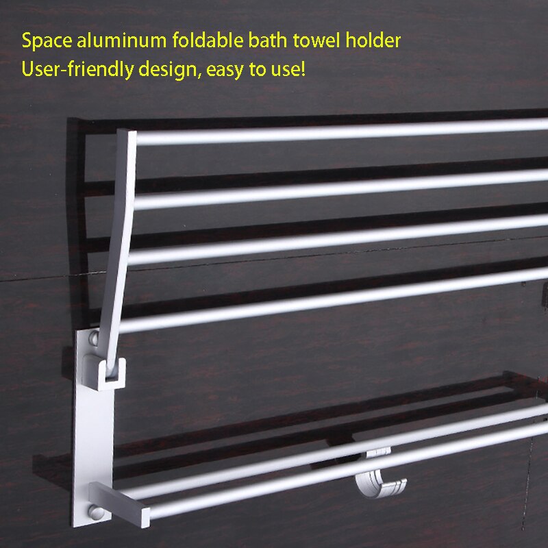 Håndklædestativ til badeværelset foldbar aluminiumskrom håndklædeholder vægmonteret håndklædehylde med kroge