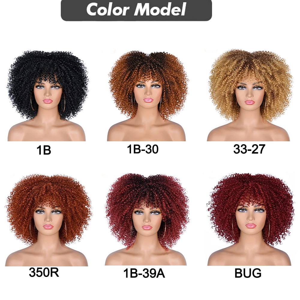 Short Hair Afro Kinky Curly Wigs With Bangs African Synthetic Ombre Cosplay Wigs For Black Women High Temperature