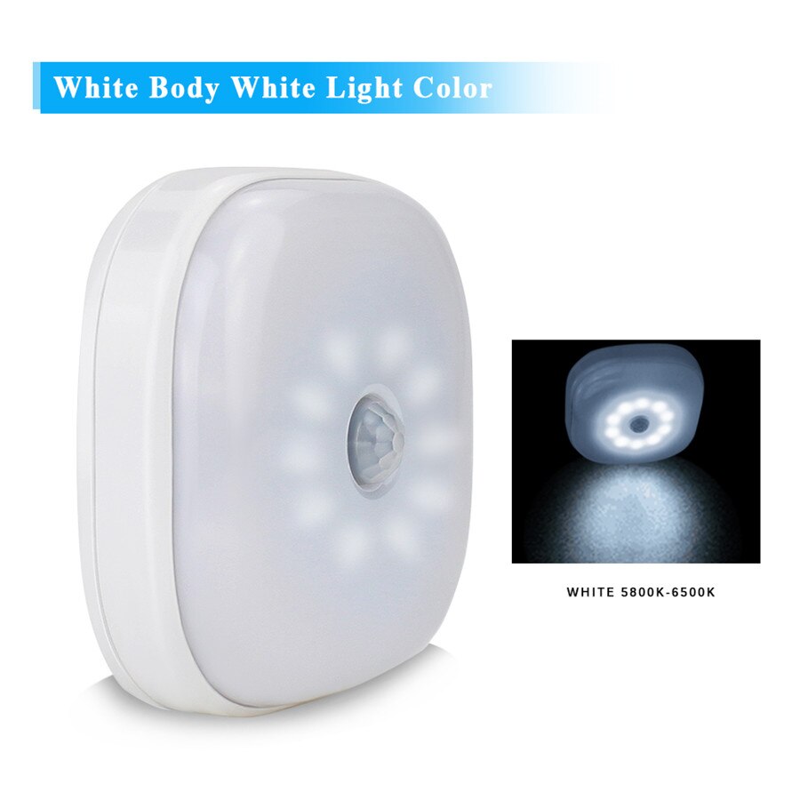 Led natlys magnetisk trådløs sensor lampe 10 leds pir bevægelsessensor lys automatisk tænd / sluk kabinet garderobe trapper vægbelysning: Hvid