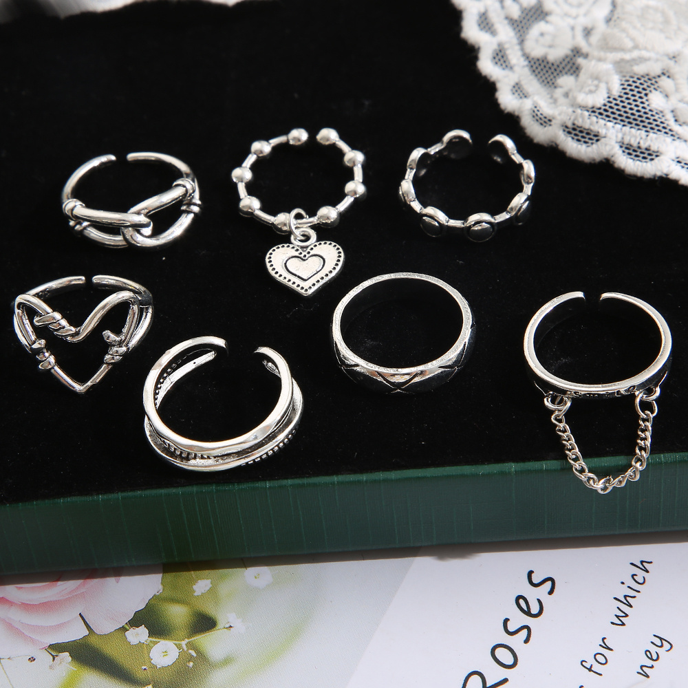 7 stks/set Mode Hart Ketting Ring Set Voor Vrouwen Metaal Zilver Kleur Geometrische Holle Vinger Ring Trendy Sieraden 2023