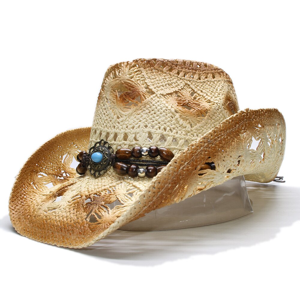 Sombrero de paja estilo vaquero para hombre y mujer, colgante de color turquesa con cuentas de madera, estilo Retro, para verano: Beige