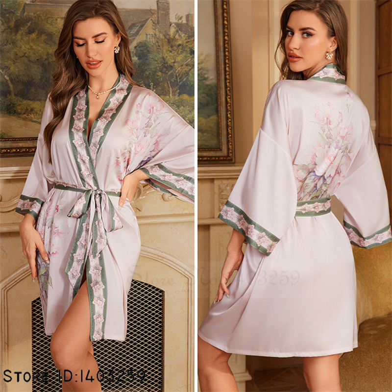 Chinese Stijl Print Badjas Nachtkleding Zomer Ijs Zijde Kimono Badjas Loungewear Casual Dames Kamerjas Nachtkleding: MULTI
