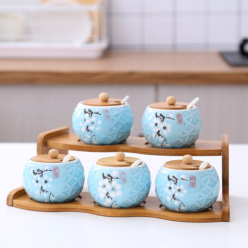 Garden bamboo stand upper layer ceramic glass seasoning can kitchen supplies box salt jars and lids: YS0170-1
