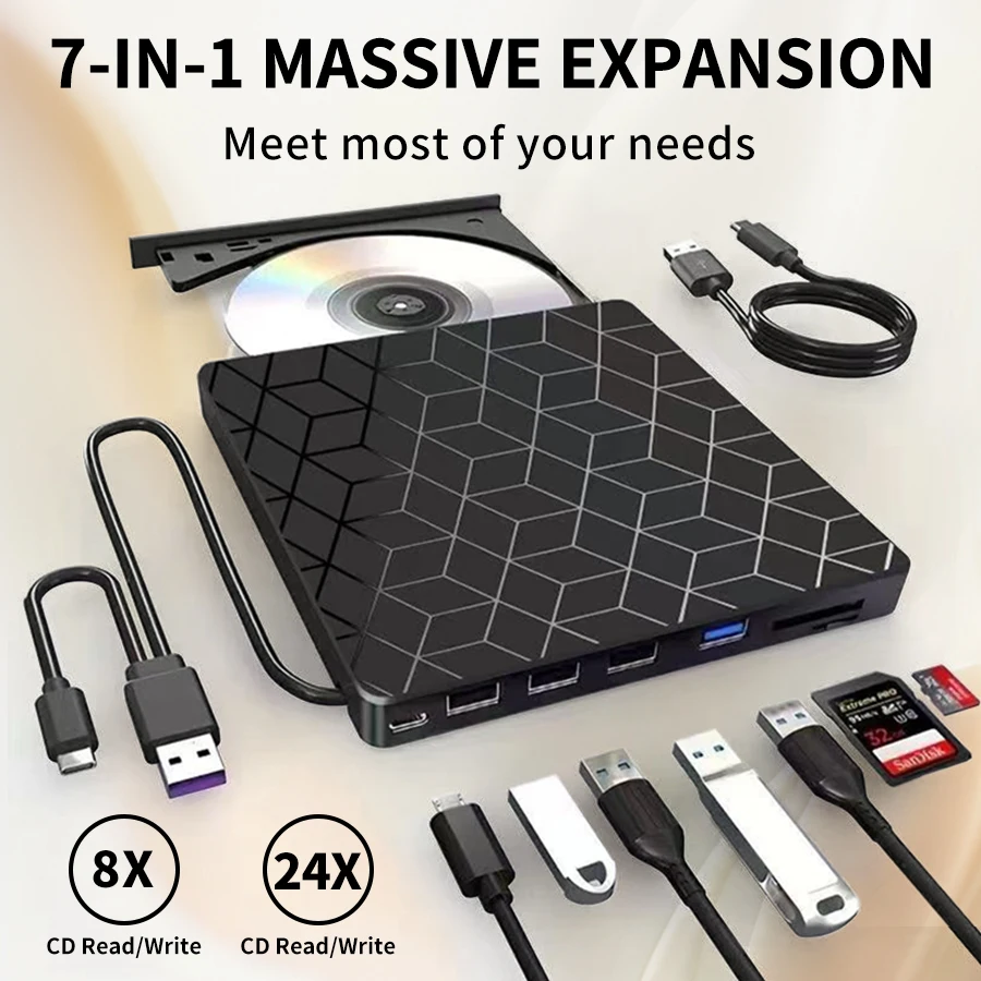Gravador de dvd externo 7 em 1, usb 3.0/tipo-c, gravador de unidade óptica de dvd, cd/dvd player para laptop, desktop, cd, dvd, leitura, escrita