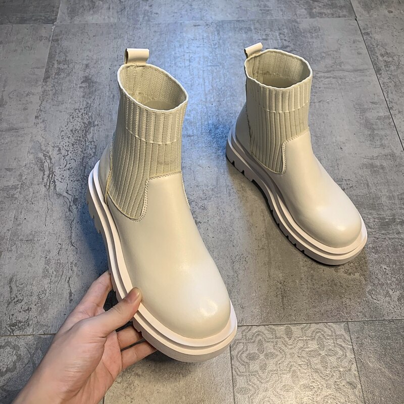 Grosses bottes femme dernière Slip-on tissé Patchwork PU haut bout rond noir Beige léger Chelsea bottes femmes chaussures