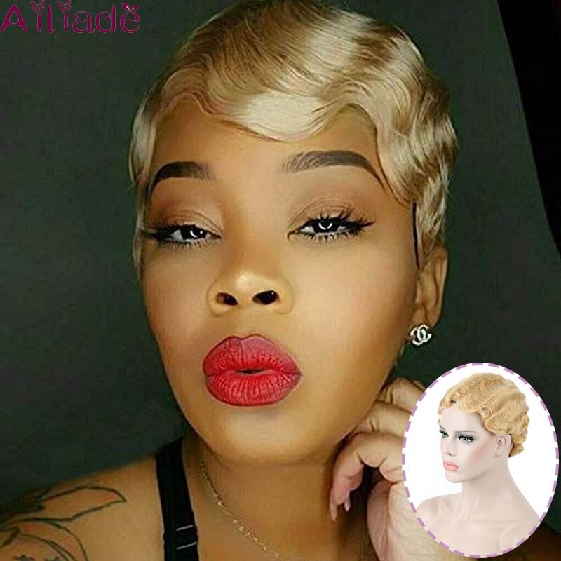 AILIADE cheveux noirs vague courte perruques pour femme court doigt vague perruques court coupe de lutin perruque courte perruques: P1b / 30