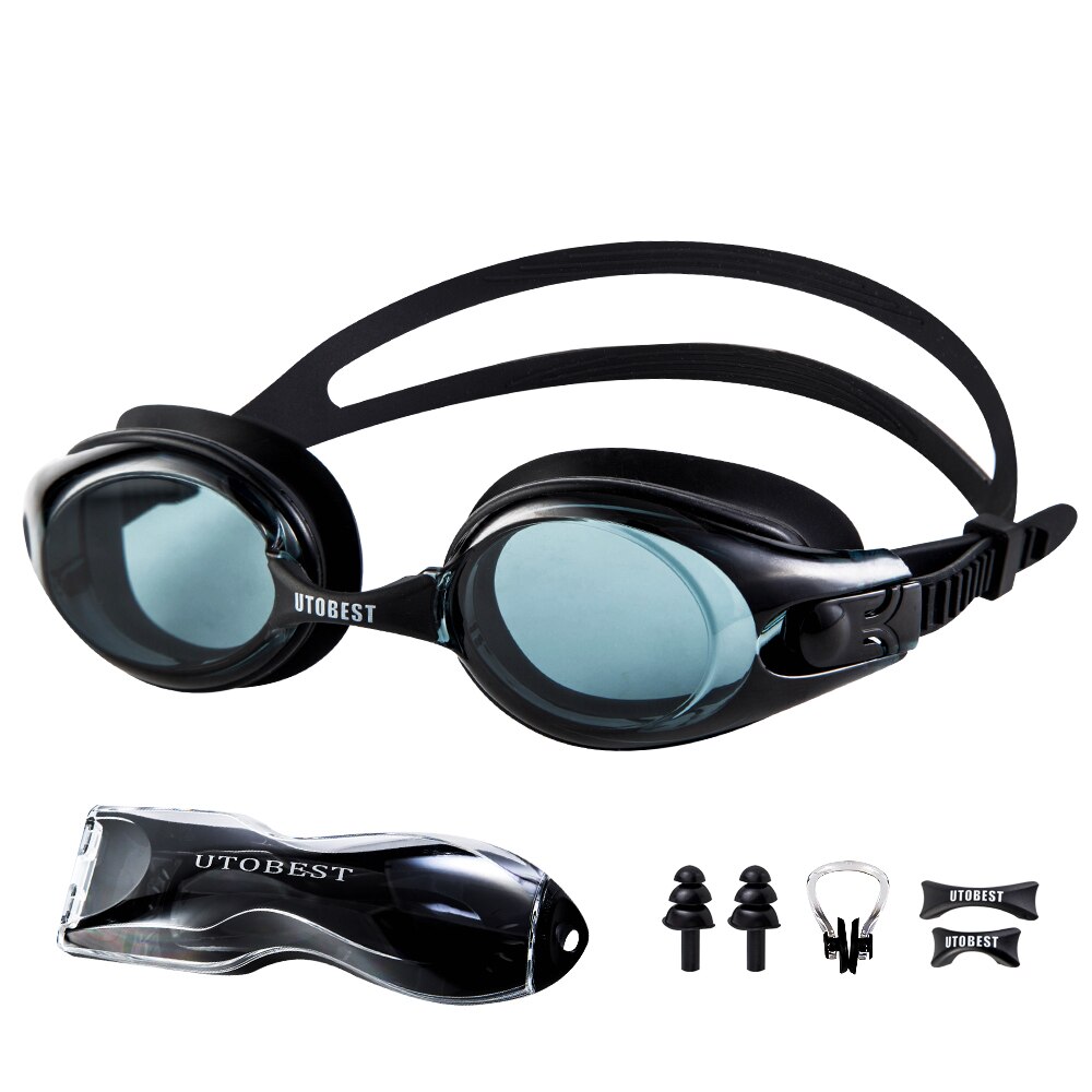 Svømningsbriller voksne vandtætte svømme silikone anti-tåge belagt vand diopter justerbar svømmebriller pool gla: Sort