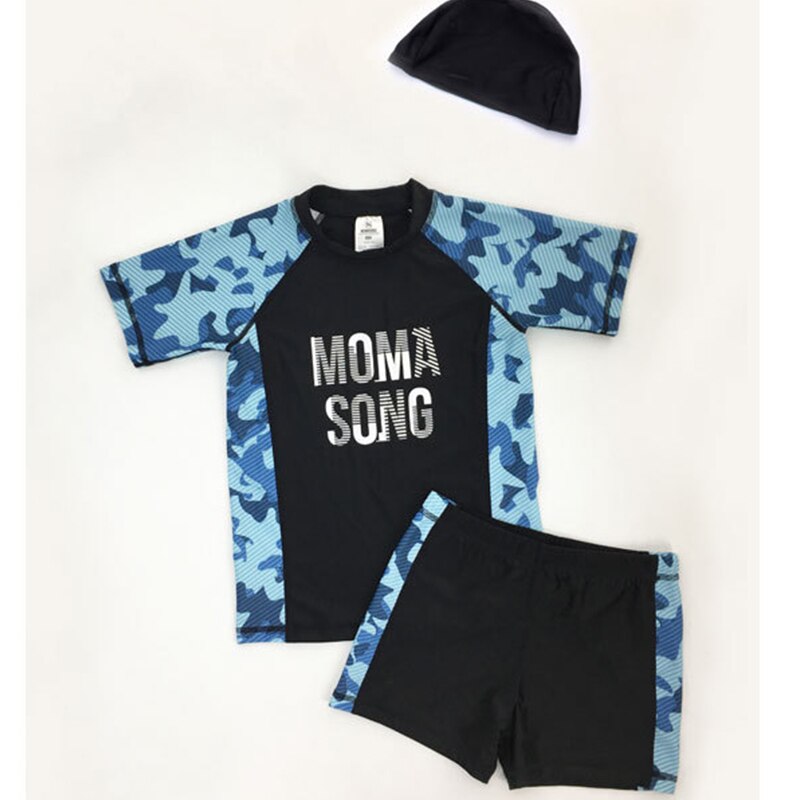 Boys Swimsuit 3-piece Camouflage Print Teenager Swimwear Boy Teens Children Swimming Bathing Suit UPF50+ Teenagers Beachwear: Black MMS718122 / 14A