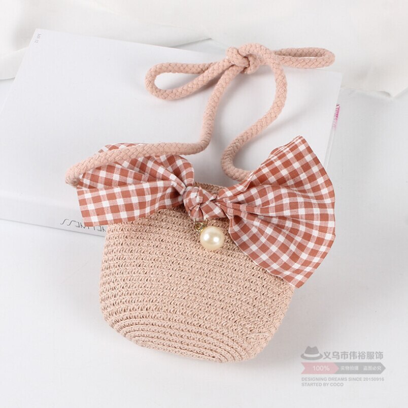 Ragazze dei capretti di Paglia Dovrebbe Sacchetto di Crossbody Borsa con bel Fiocco Fatto A Mano Puro di Tessitura di Spalla Sacchetto Della Spiaggia di proprietà Della Perla Della Chiusura Lampo Della Borsa